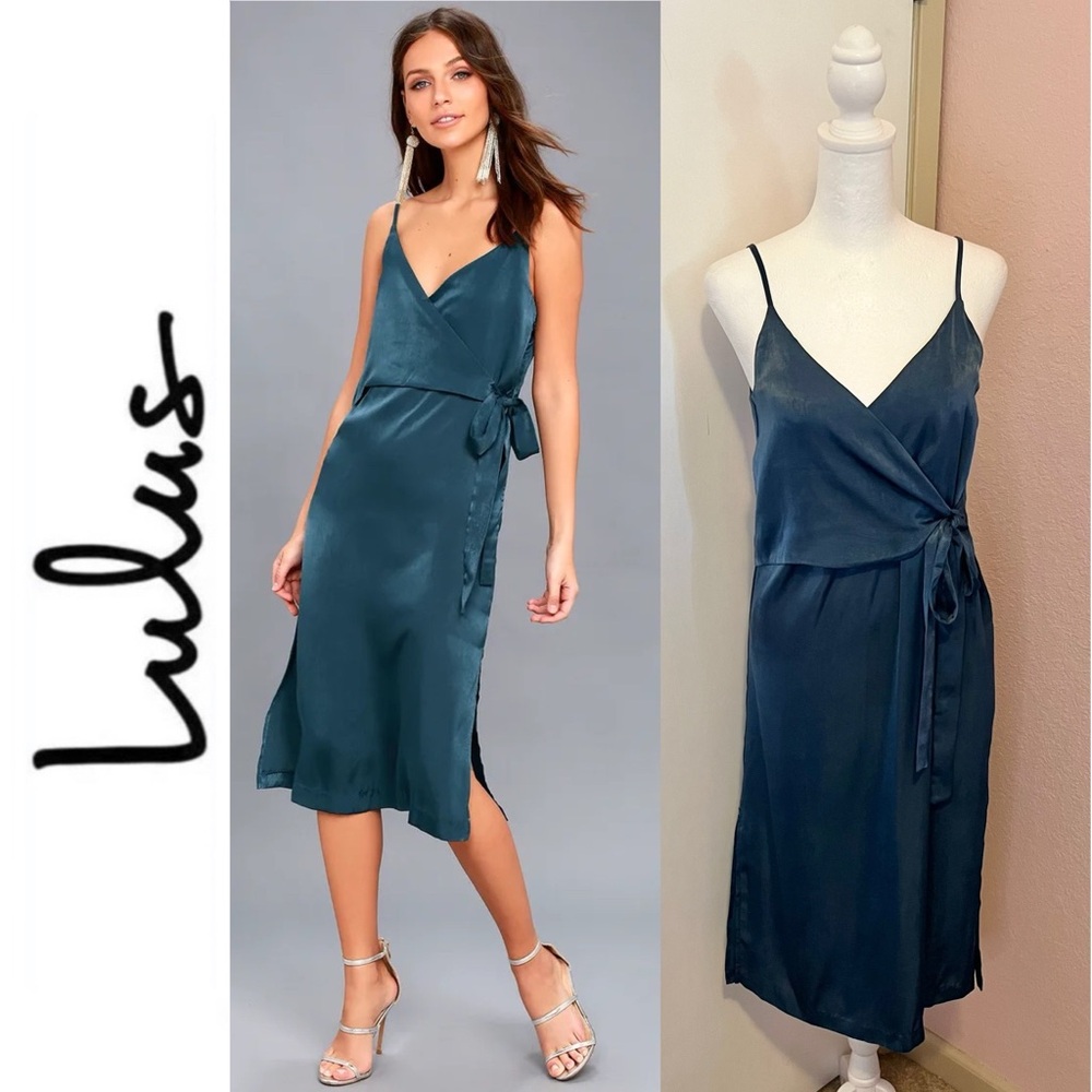 Fall in Love Teal Blue Satin Midi Wrap Dress